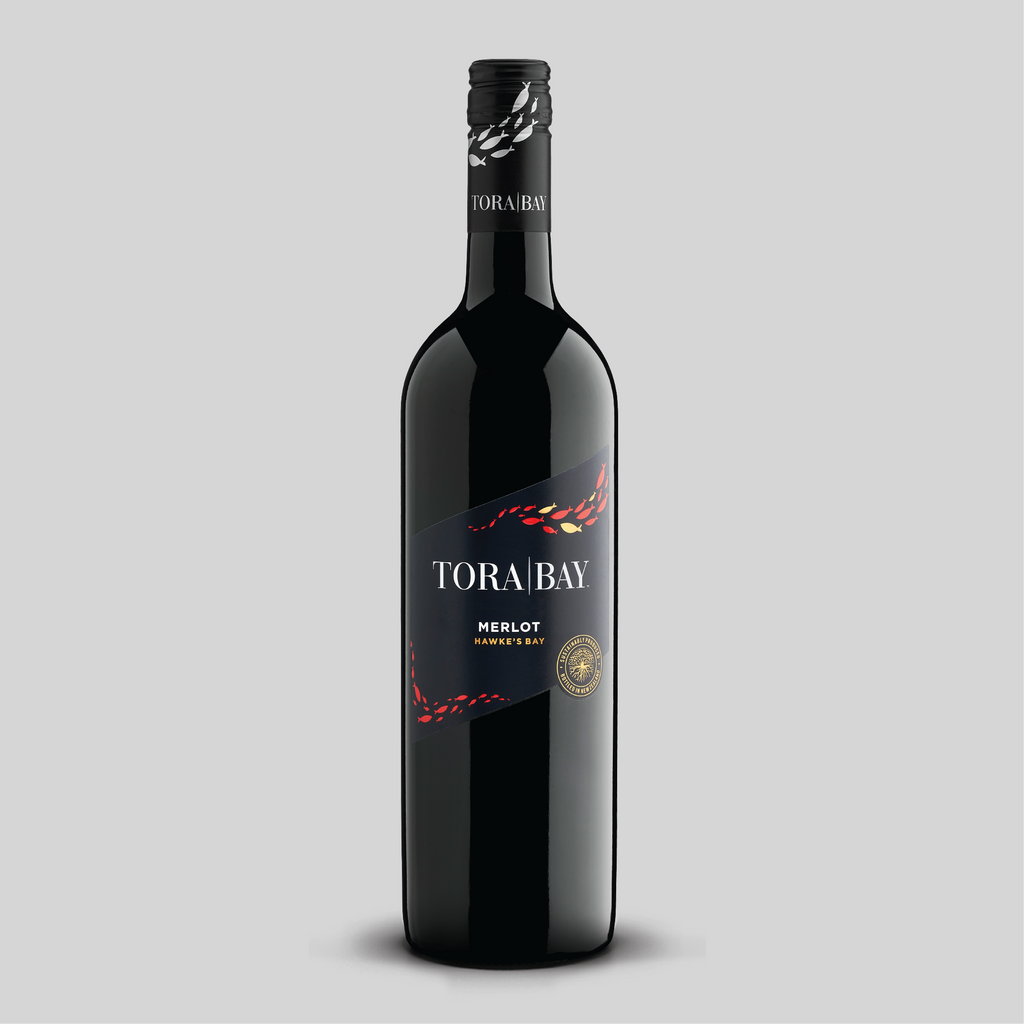 Tora Bay Merlot wine bottle on a gray background